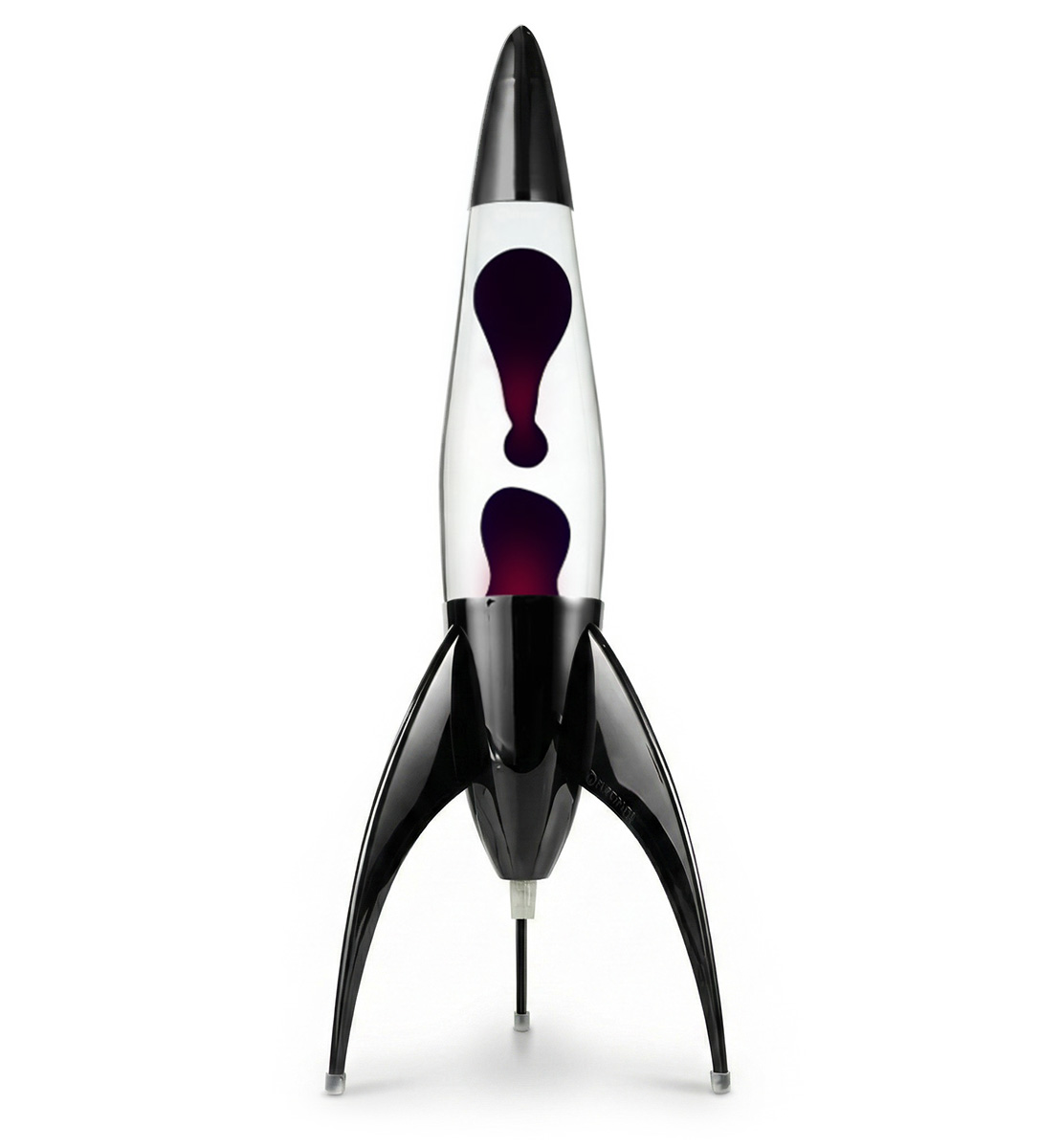 Lampe à lave noire en forme de fusée Mathmos Telstar avec liquide transparent et lave noire sur fond blanc