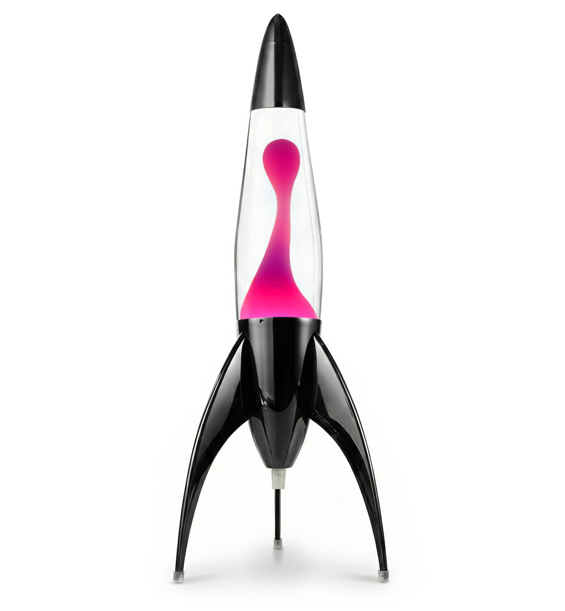 Lampe à lave noire en forme de fusée Mathmos Telstar avec liquide transparent et lave rose sur fond blanc