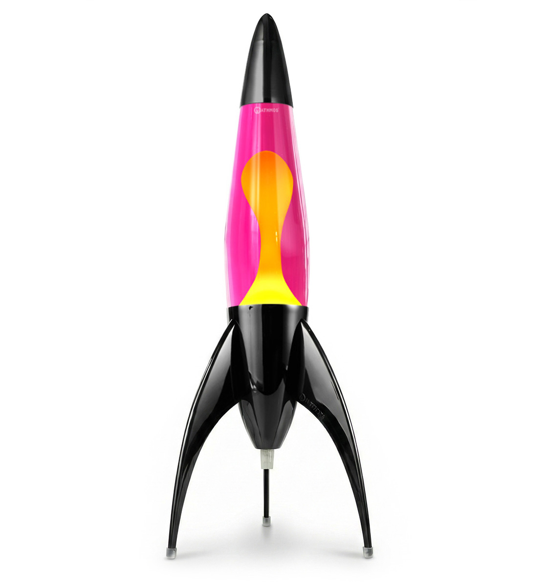 Lampe à lave noire en forme de fusée Mathmos Telstar avec liquide rose et lave jaune sur fond blanc