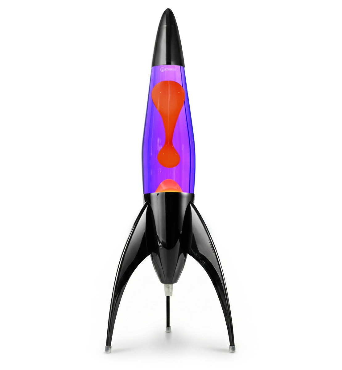 Lampe à lave noire en forme de fusée Mathmos Telstar avec liquide violet et lave orange sur fond blanc