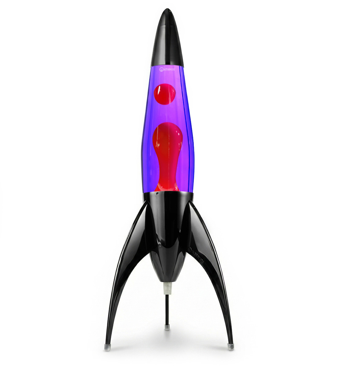 Lampe à lave noire en forme de fusée Mathmos Telstar avec liquide violet et lave rouge sur fond blanc