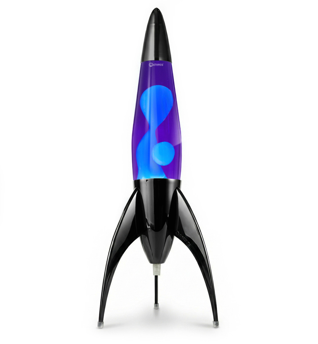 Lampe à lave noire en forme de fusée Mathmos Telstar avec liquide violet et lave turquoise sur fond blanc