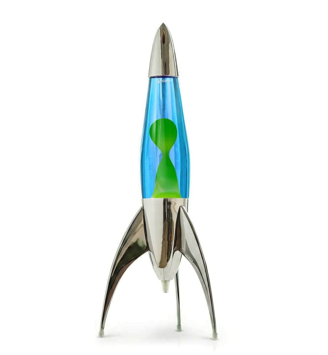 Lampe à lave argentée en forme de fusée Mathmos Telstar avec liquide bleu et lave verte sur fond blanc