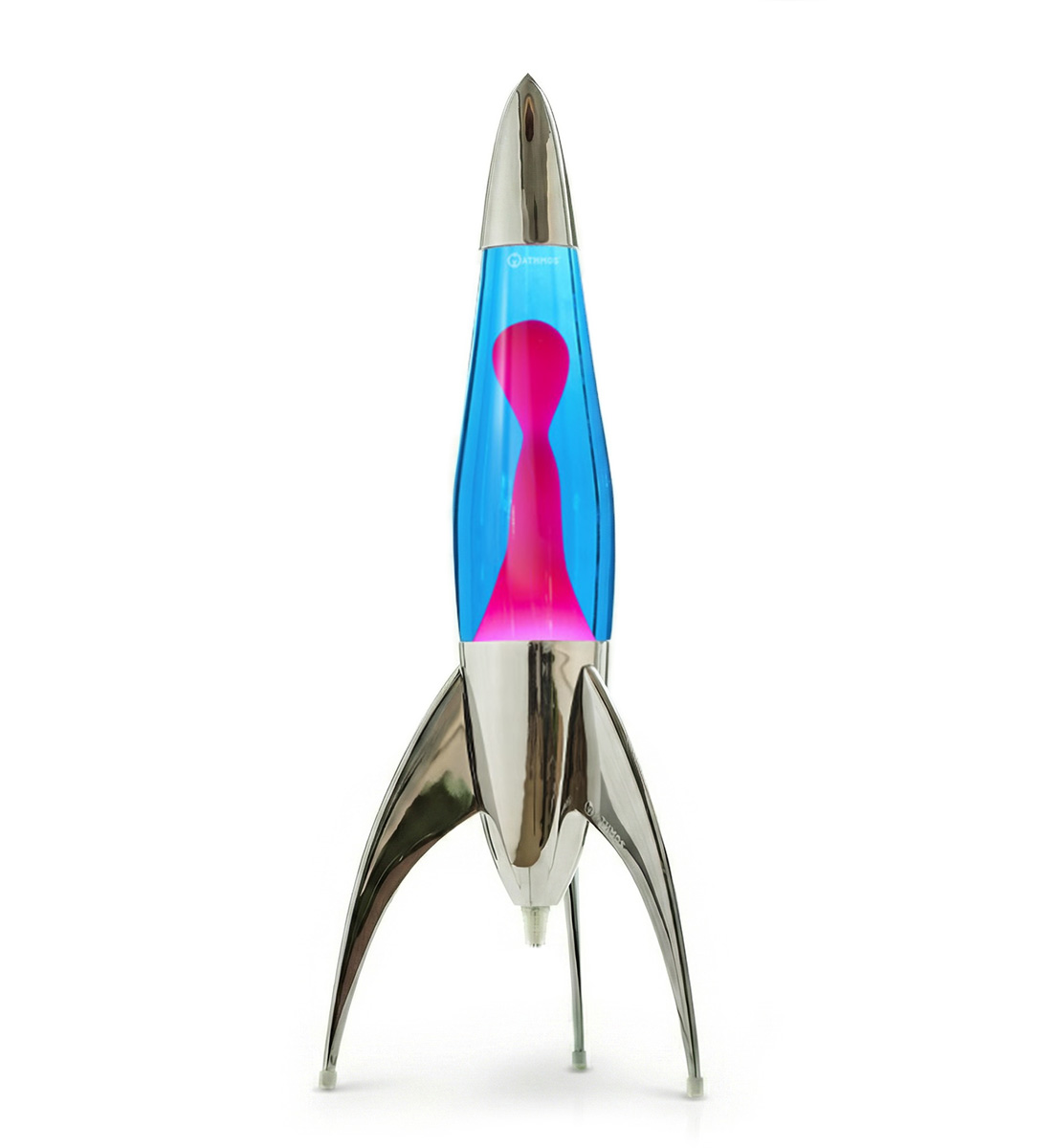 Lampe à lave argentée en forme de fusée Mathmos Telstar avec liquide bleu et lave rose sur fond blanc