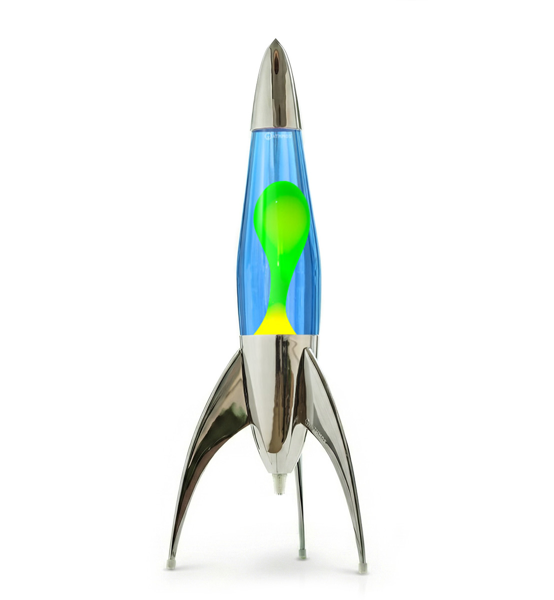 Lampe à lave argentée en forme de fusée Mathmos Telstar avec liquide bleu et lave jaune sur fond blanc
