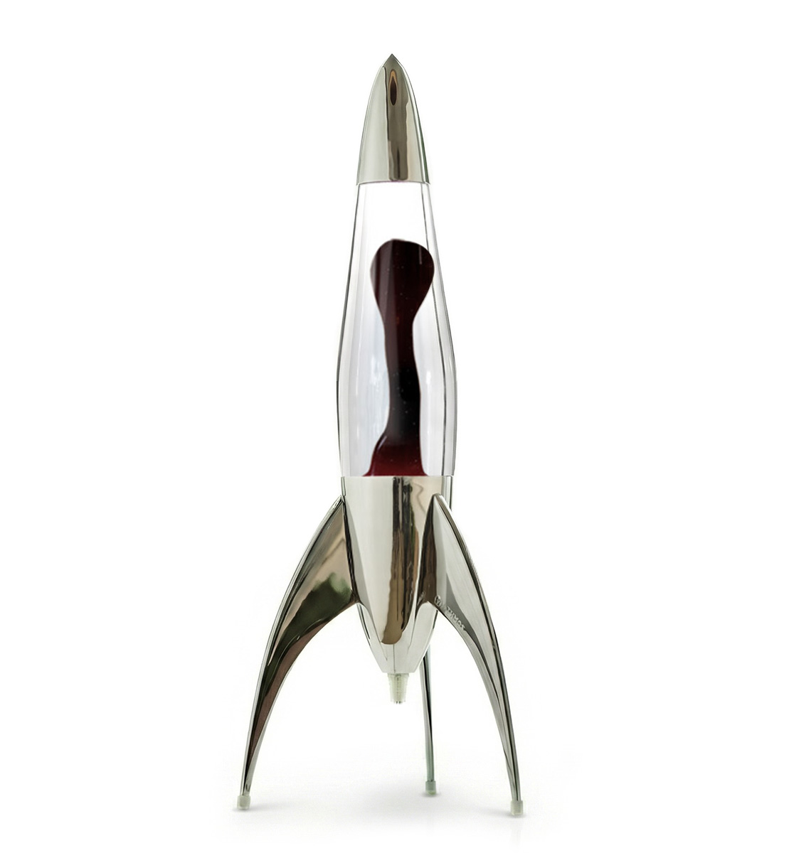 Lampe à lave argentée en forme de fusée Mathmos Telstar avec liquide transparent et lave noire sur fond blanc