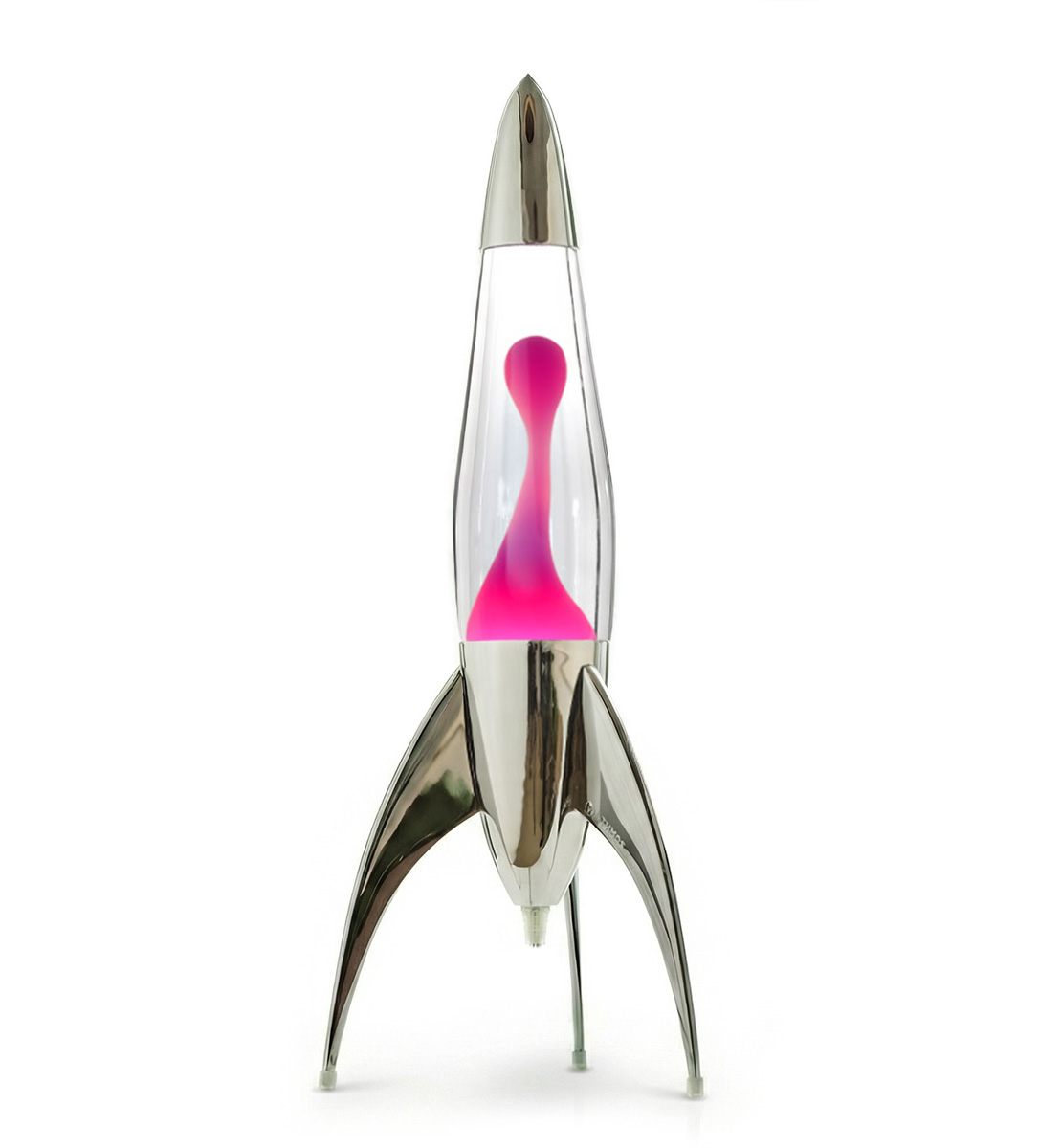 Lampe à lave argentée en forme de fusée Mathmos Telstar avec liquide transparent et lave rose sur fond blanc