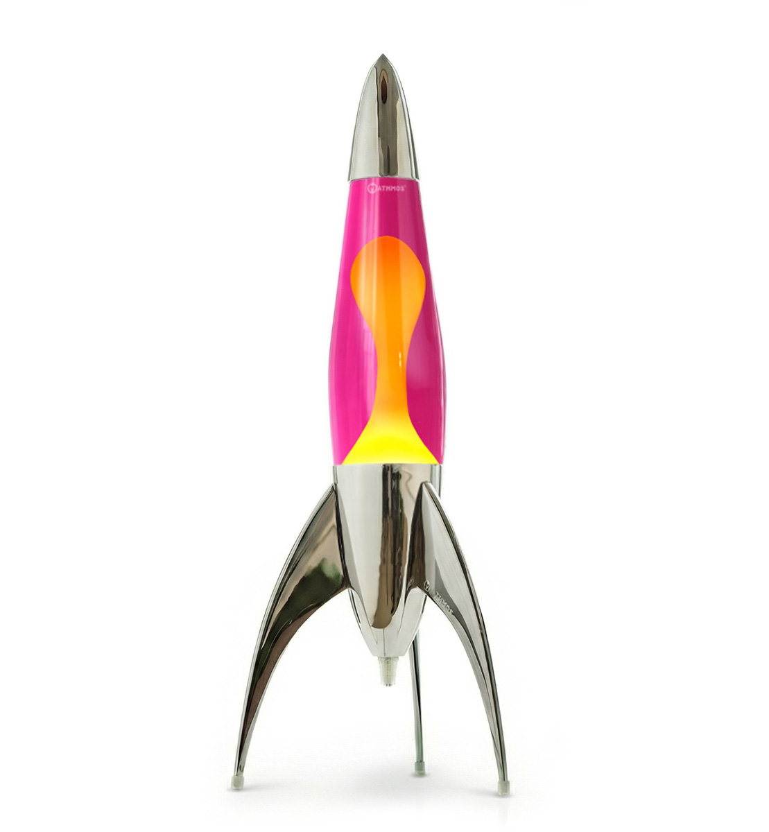 Lampe à lave argentée en forme de fusée Mathmos Telstar avec liquide rose et lave jaune sur fond blanc