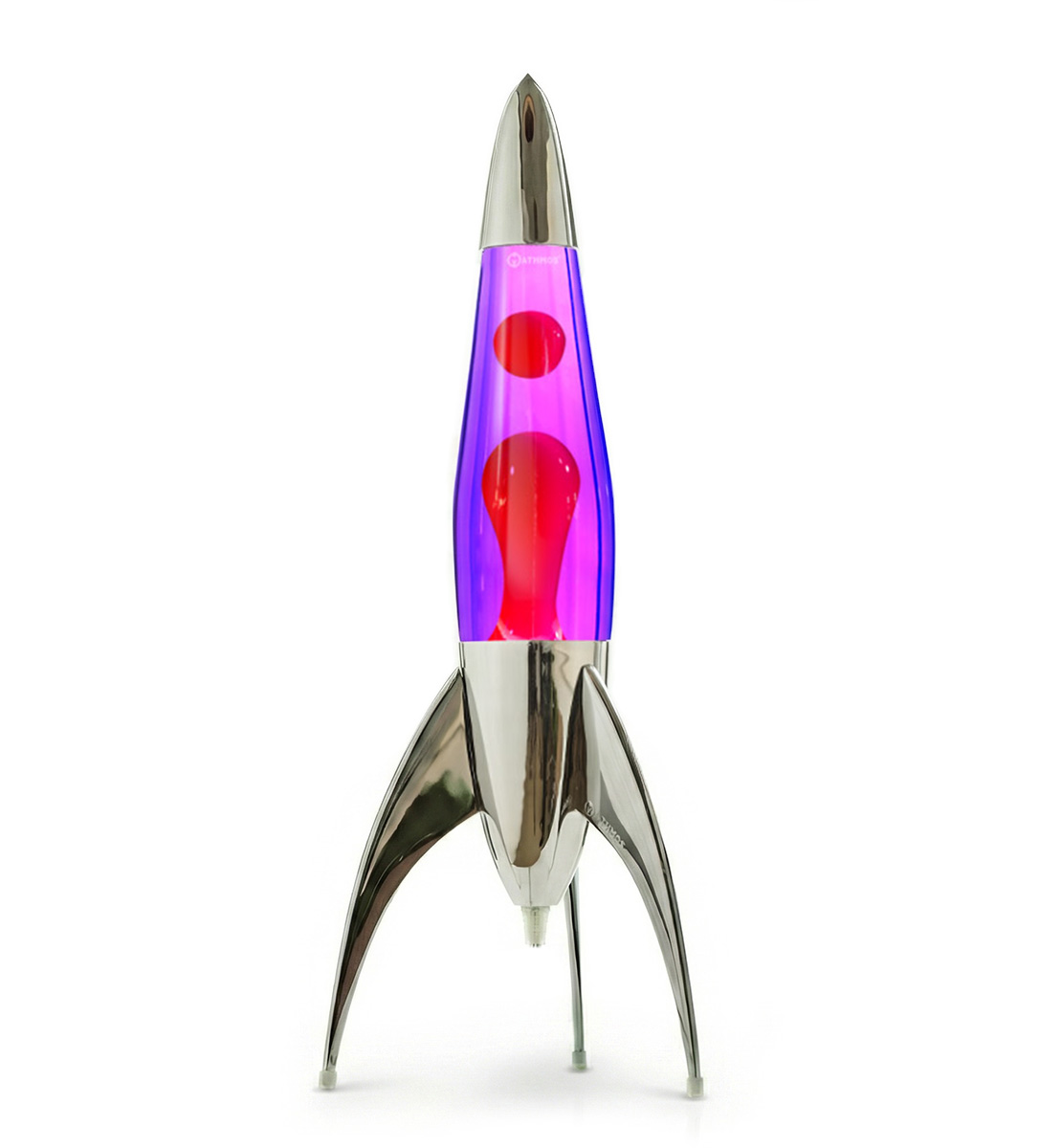 Lampe à lave argentée en forme de fusée Mathmos Telstar avec liquide violet et lave rouge sur fond blanc