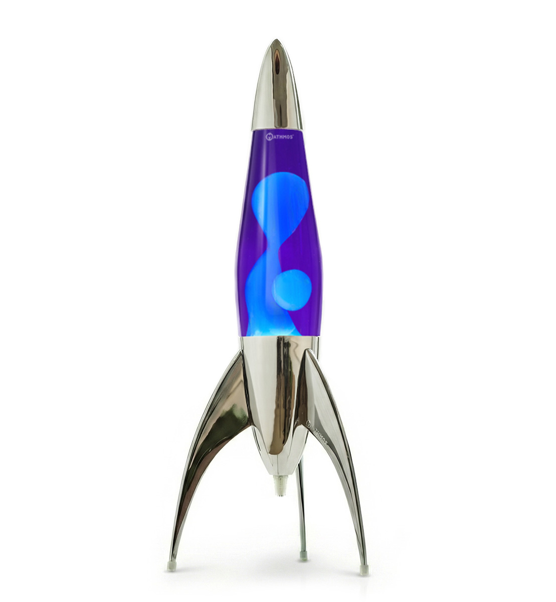 Lampe à lave argentée en forme de fusée Mathmos Telstar avec liquide violet et lave turquoise sur fond blanc