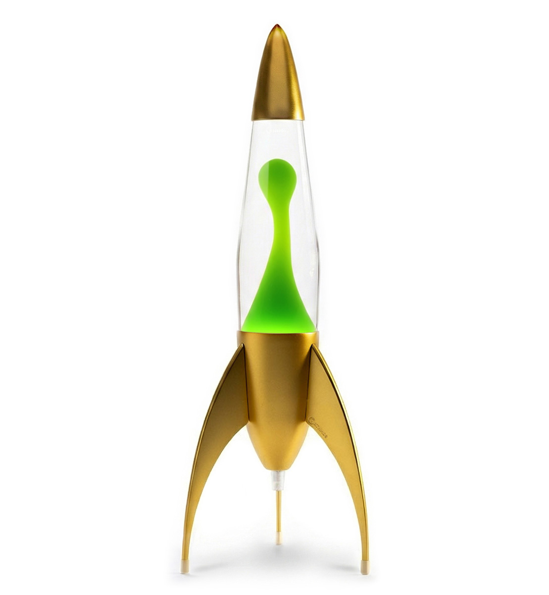 Lampe à lave en forme de fusée Mathmos Telstar avec corps doré, liquide transparent et lave verte sur fond blanc