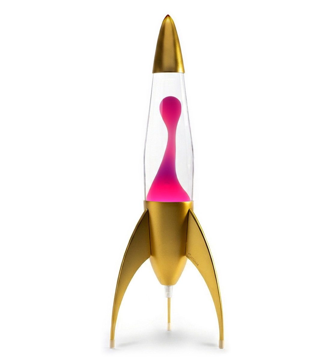Lampe à lave en forme de fusée Mathmos Telstar avec corps doré, liquide transparent et lave rose sur fond blanc