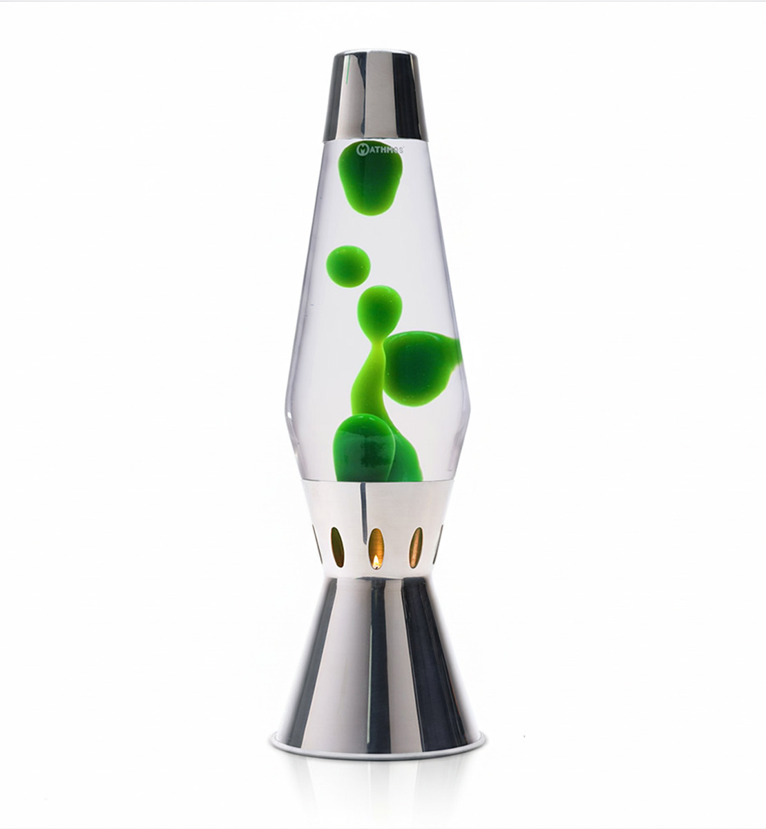 Lampe à lave à bougie Mathmos Astro Flame en argent avec liquide transparent et lave verte sur fond blanc