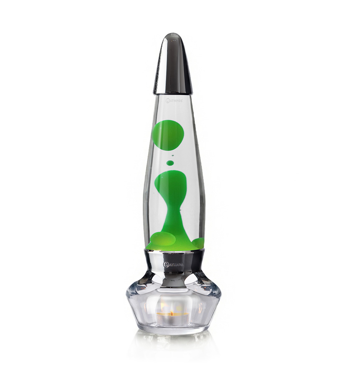 Lampe à lave à bougie Mathmos Evo avec liquide transparent et lave verte sur fond blanc