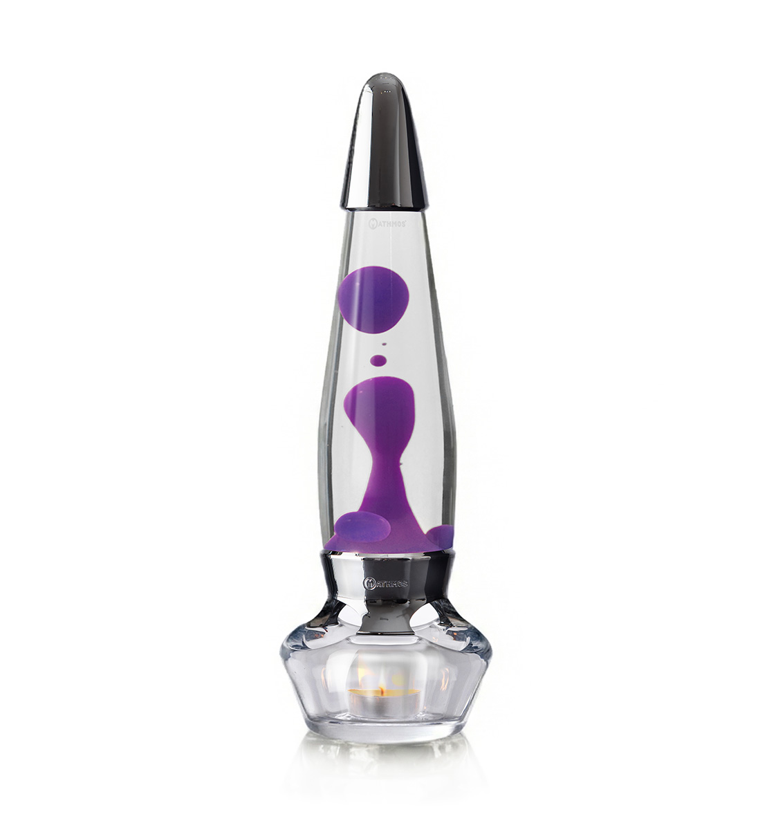 Lampe à lave à bougie Mathmos Evo avec liquide transparent et lave violette sur fond blanc