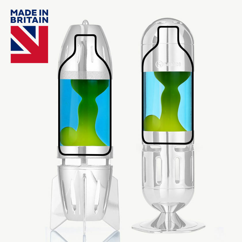 Bouteille de lampe à lave Mathmos bleue avec lave jaune, représentée dans les contours des modèles Fireflow et Telstar avec le logo « Made in Britain »