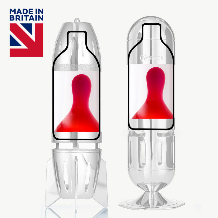 Bouteille de lampe à lave Mathmos transparente avec lave rouge, représentée dans les contours des modèles Fireflow et Telstar avec le logo « Made in Britain »