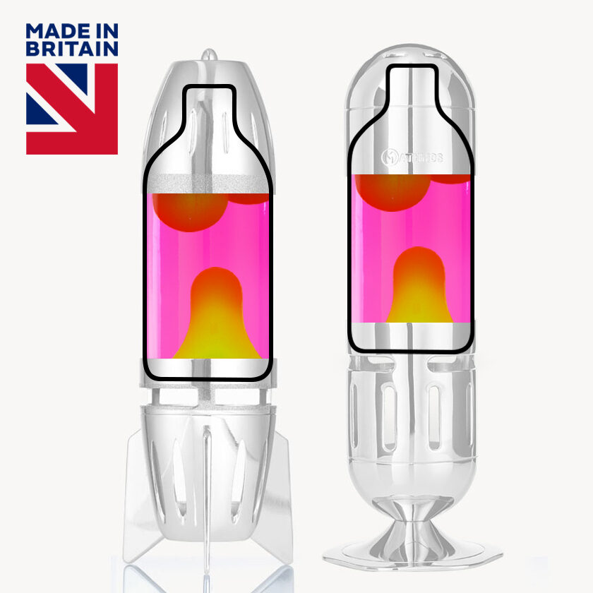 Deux bouteilles de lampe à lave argentées avec liquide rose et lave jaune, illustrant la compatibilité des modèles Mathmos Fireflow et Telstar