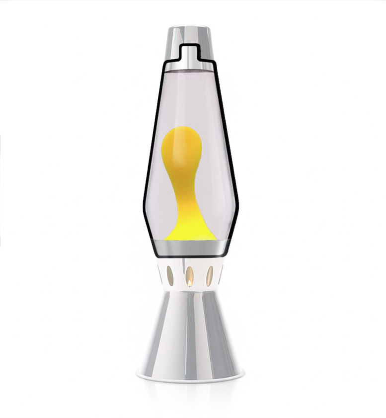 Bouteille de lampe à lave Mathmos Astro Flame avec eau transparente et lave jaune.