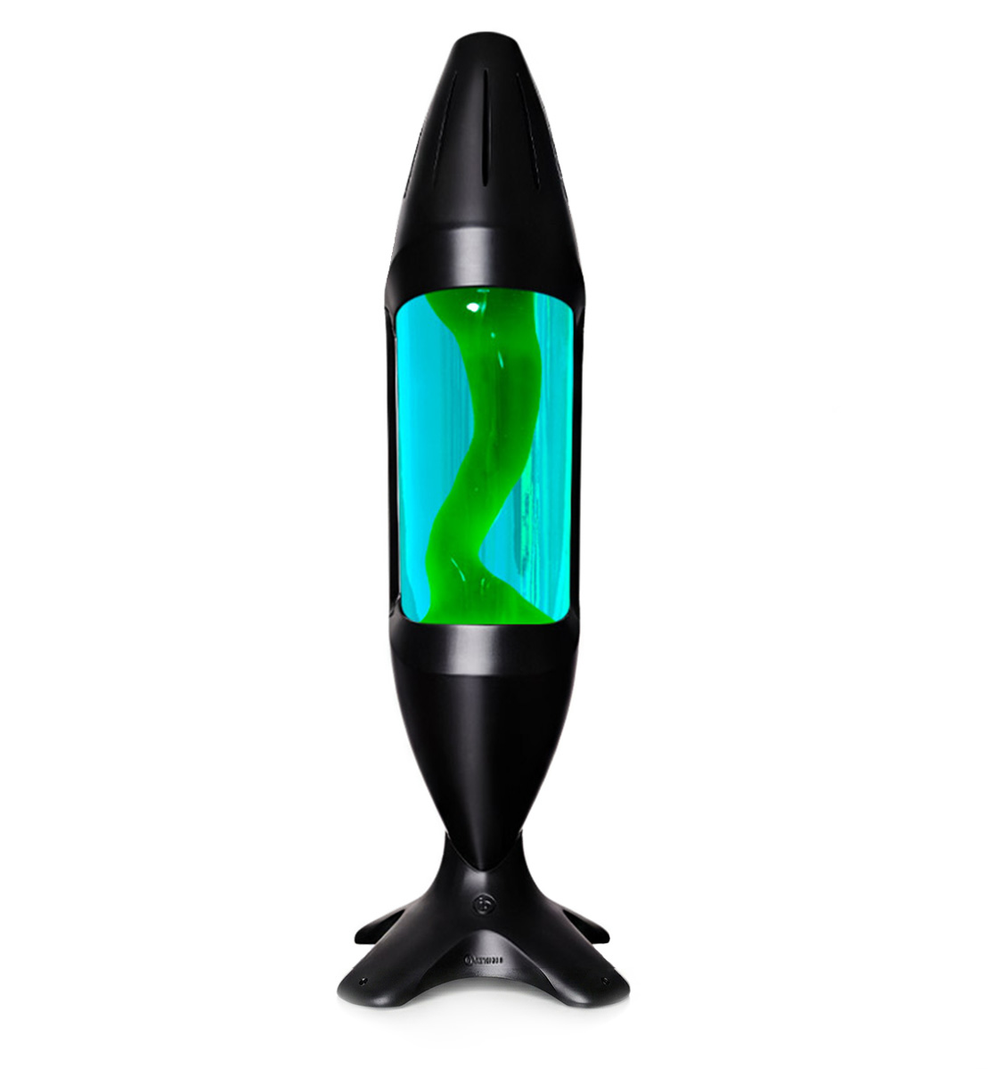 Grande lampe à lave Mathmos iO avec corps noir, liquide bleu et lave verte, accent d'intérieur moderne sur fond blanc