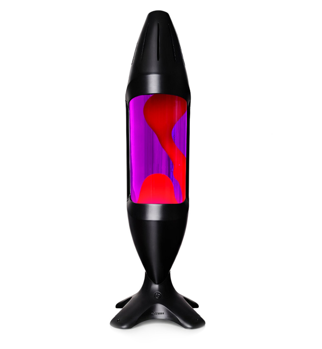 Grande lampe à lave Mathmos iO avec corps noir, liquide violet et lave rouge, accent d'intérieur exceptionnel sur fond blanc