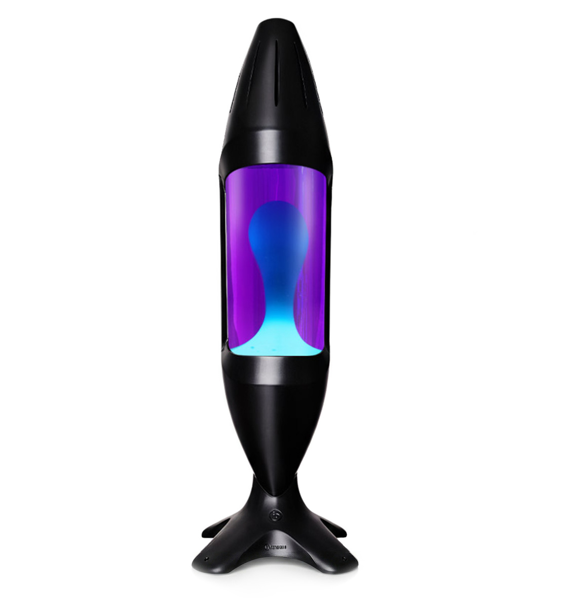 Grande lampe à lave Mathmos iO avec corps noir, liquide violet et lave turquoise, accent d'intérieur moderne sur fond blanc