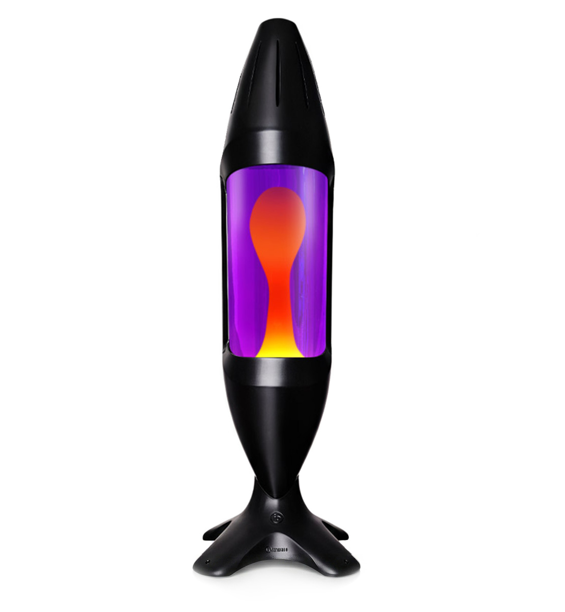 Grande lampe à lave Mathmos iO avec corps noir, liquide violet et lave jaune, accent d'intérieur moderne sur fond blanc