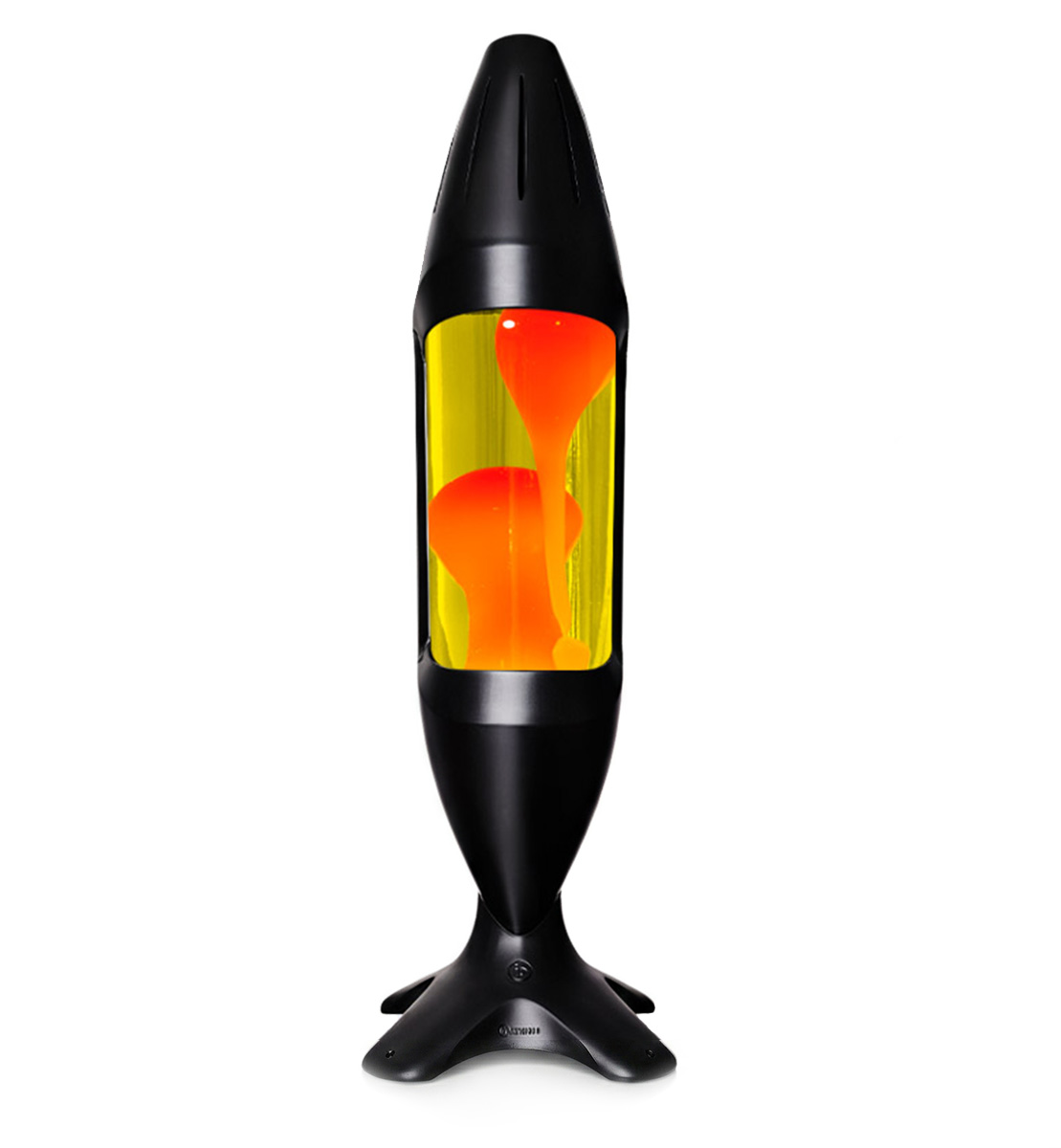 Grande lampe à lave Mathmos iO avec corps noir, liquide jaune et lave orange, accent d'intérieur moderne sur fond blanc