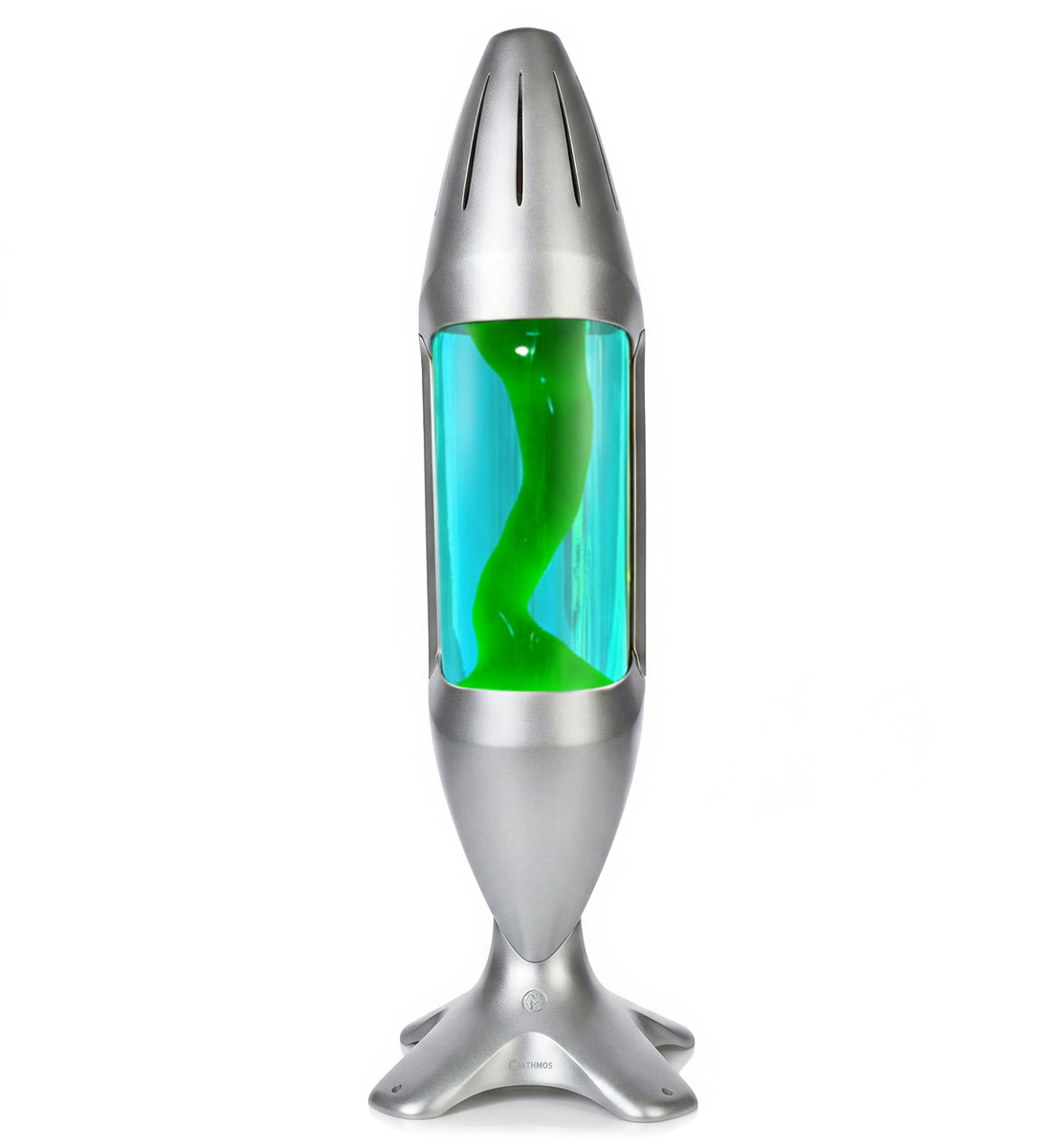 Grande lampe à lave Mathmos iO avec corps argenté, liquide bleu et lave verte, accent d'intérieur moderne sur fond blanc