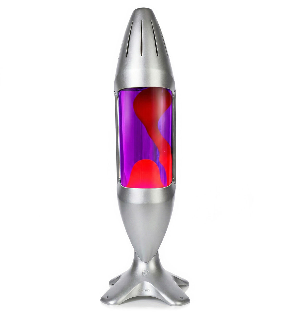 Grande lampe à lave Mathmos iO avec corps argenté, liquide violet et lave rouge, accent d'intérieur moderne sur fond blanc