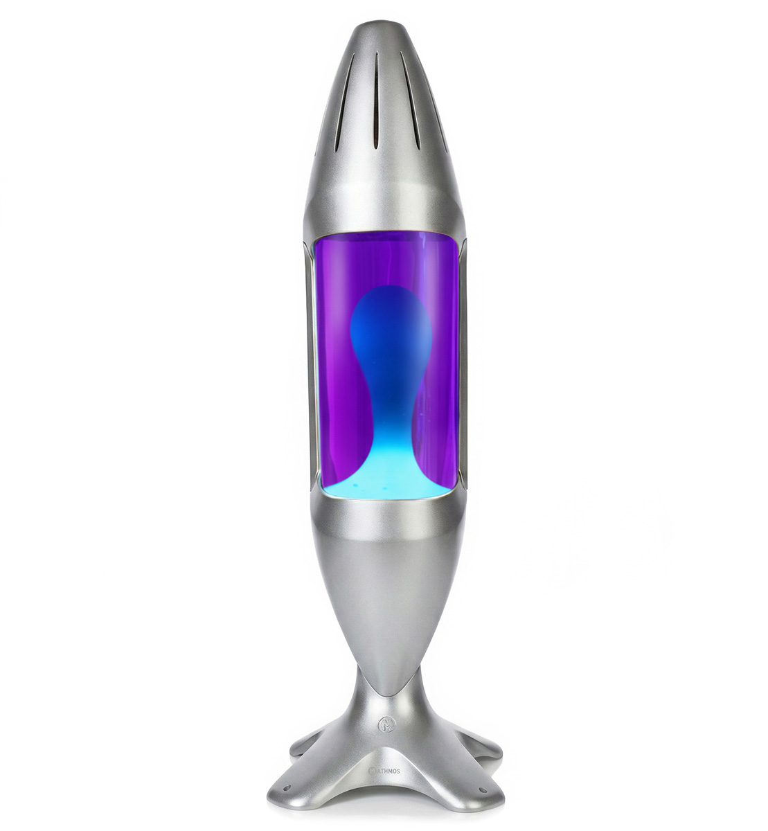 Grande lampe à lave Mathmos iO avec corps argenté, liquide violet et lave turquoise, design exceptionnel sur fond blanc