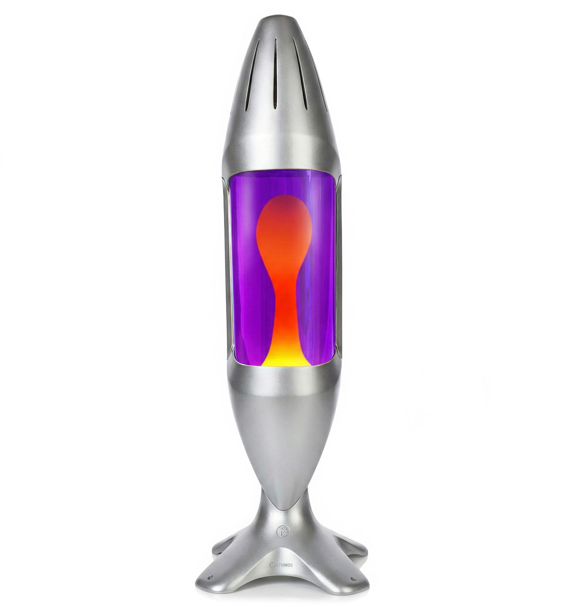 Grande lampe à lave Mathmos iO avec corps argenté, liquide violet et lave jaune, accent d'intérieur impressionnant sur fond blanc