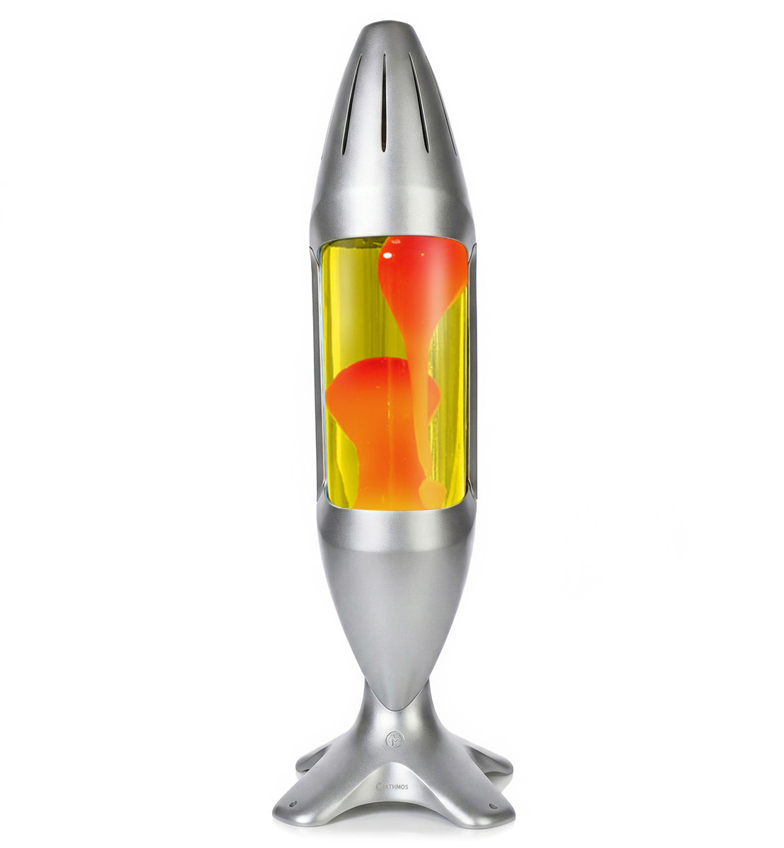 Grande lampe à lave Mathmos iO avec corps argenté, liquide jaune et lave orange, design moderne sur fond blanc