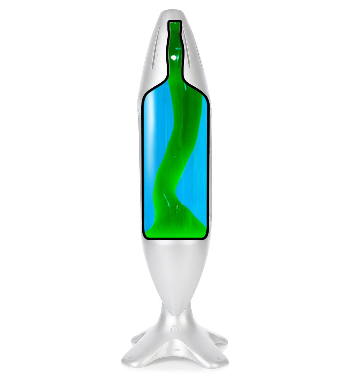 Bouteille de lampe à lave Mathmos iO avec eau bleue et lave verte