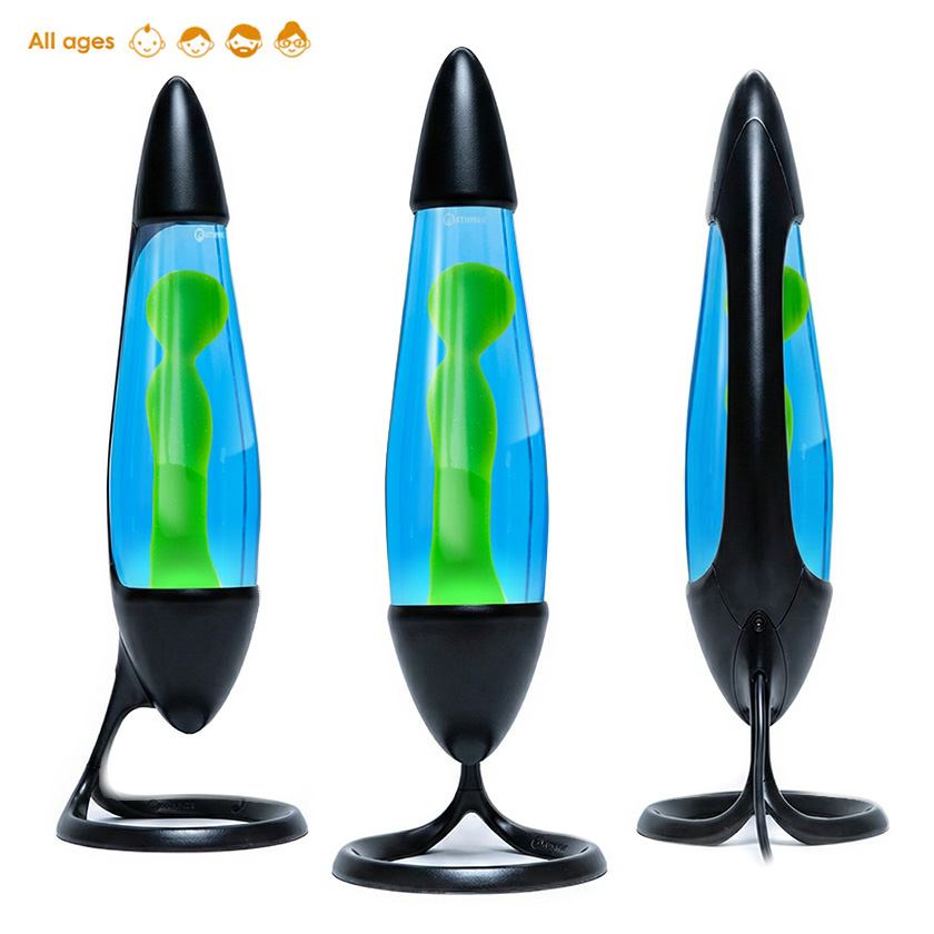 Lampe à lave Mathmos Neo avec corps noir, liquide bleu et lave verte, vue sous plusieurs angles sur fond blanc