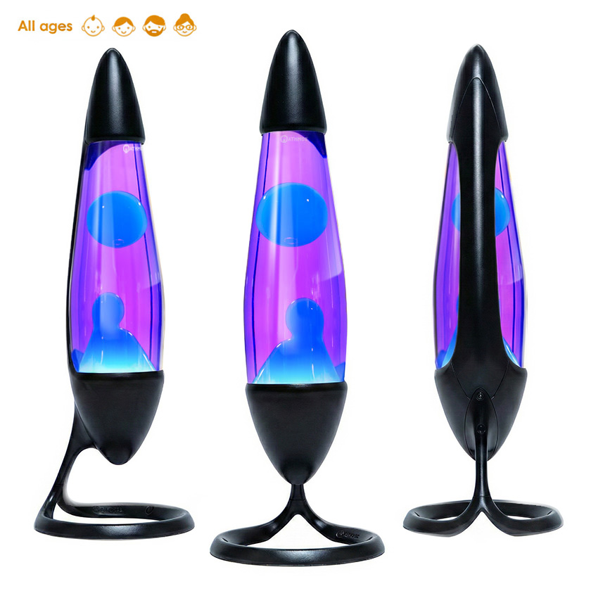Lampe à lave Mathmos Neo avec corps noir, liquide violet et lave bleue, vue sous plusieurs angles sur fond blanc