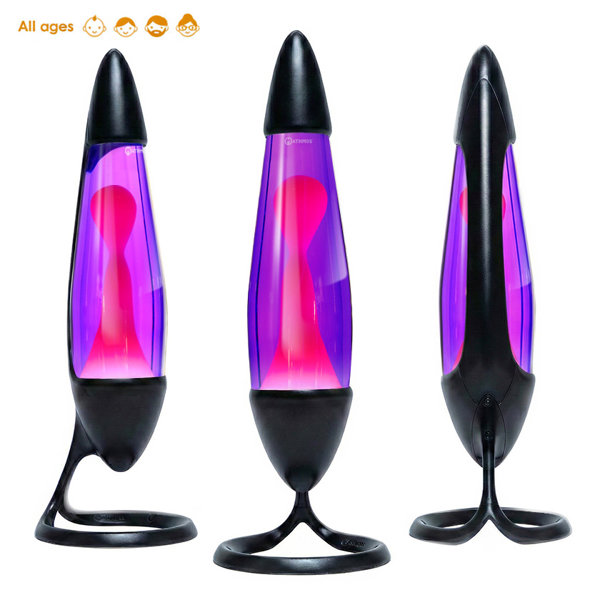 Lampe à lave Mathmos Neo avec corps noir, liquide violet et lave rose, vue sous plusieurs angles sur fond blanc