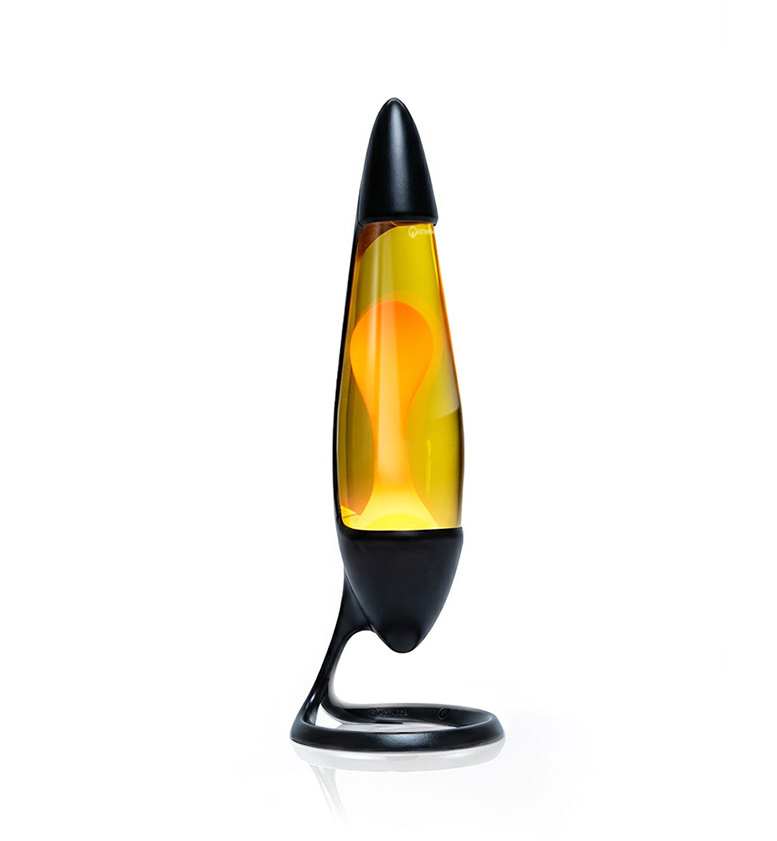 Lampe à lave Mathmos Neo avec corps noir, liquide jaune et lave orange, design minimaliste sur fond blanc