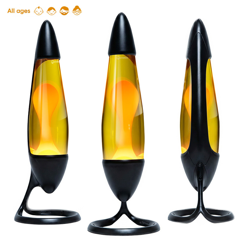 Lampe à lave Mathmos Neo avec corps noir, liquide jaune et lave orange, vue sous plusieurs angles sur fond blanc