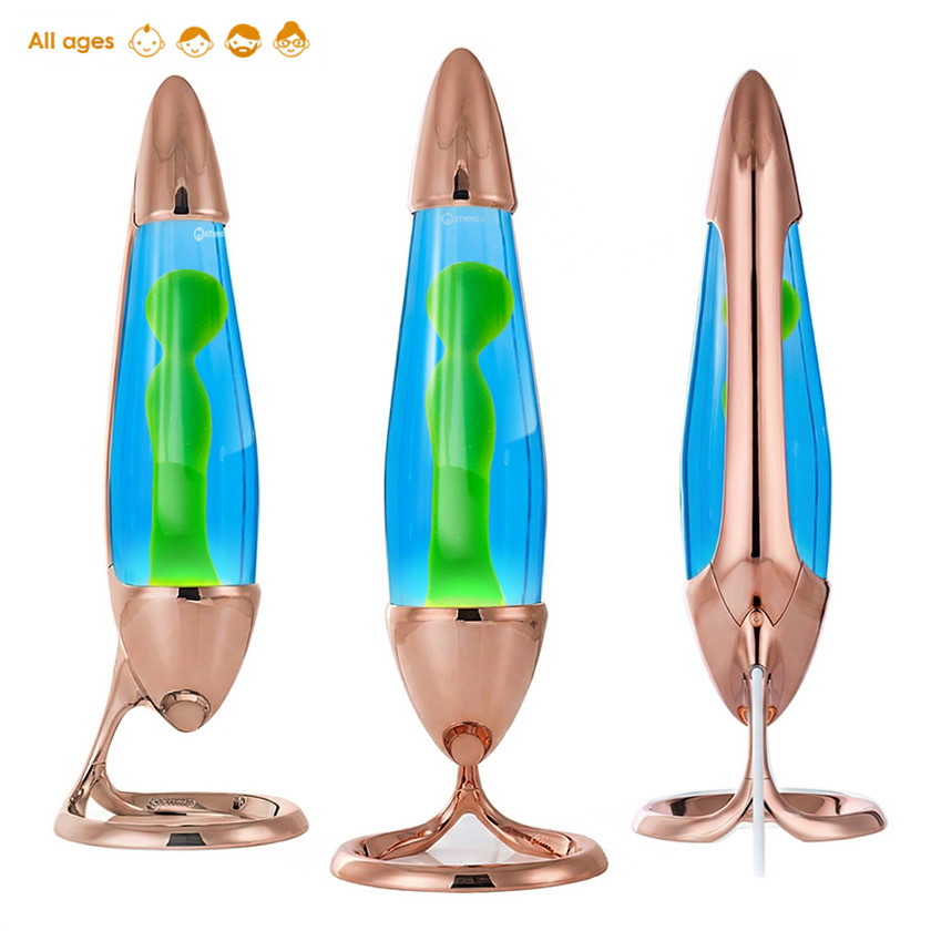 Lampe à lave Mathmos Neo avec corps couleur cuivre, liquide bleu et lave verte, vue sous plusieurs angles sur fond blanc