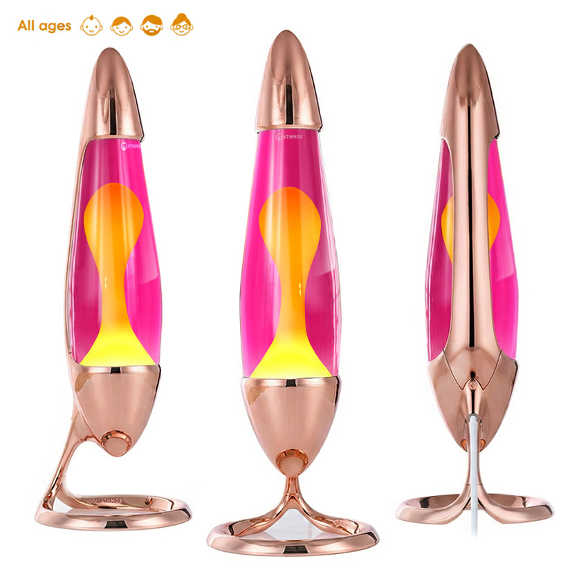Lampe à lave Mathmos Neo avec corps couleur cuivre, liquide rose et lave jaune, vue sous plusieurs angles sur fond blanc