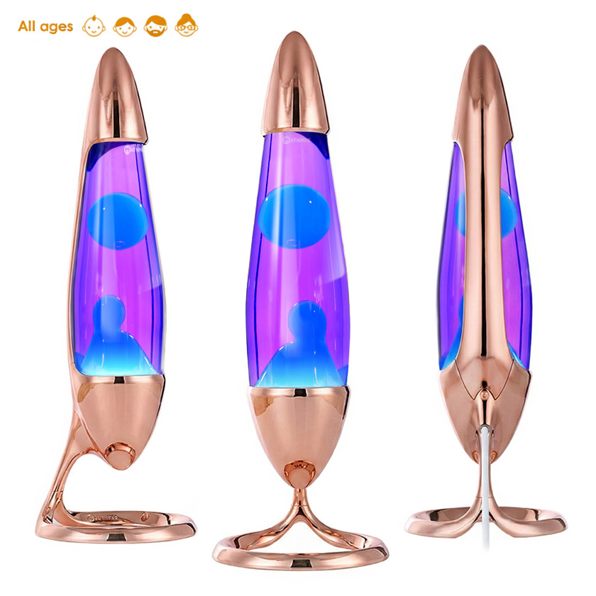 Lampe à lave Mathmos Neo avec corps couleur cuivre, liquide violet et lave turquoise, vue sous plusieurs angles sur fond blanc