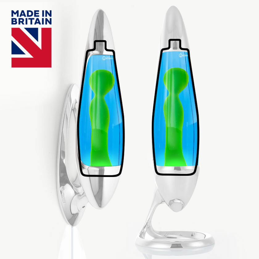 Bouteille de remplacement pour lampe à lave Mathmos Neo avec liquide bleu et lave verte, pièce de rechange originale sur fond blanc