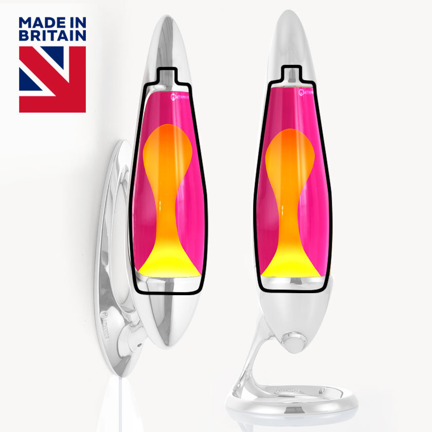 Bouteille de remplacement pour lampe à lave Mathmos Neo avec liquide rose et lave jaune, pièce de rechange originale sur fond blanc