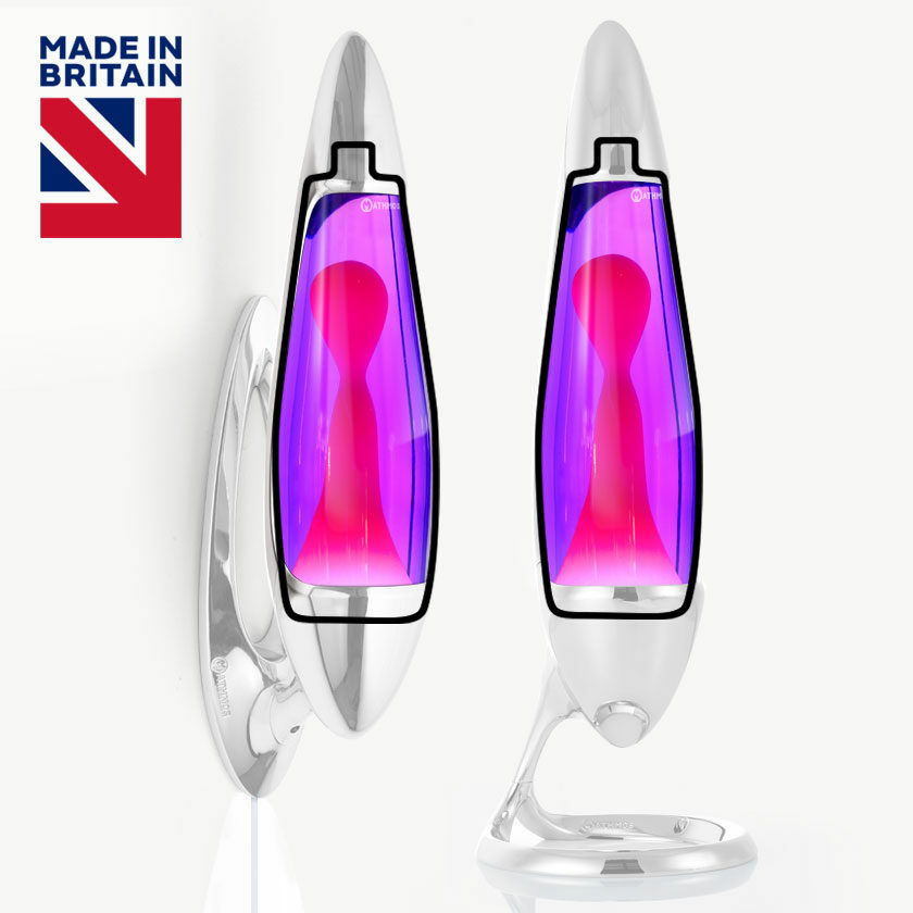 Bouteille de remplacement pour lampe à lave Mathmos Neo avec liquide violet et lave rose, pièce de rechange originale sur fond blanc