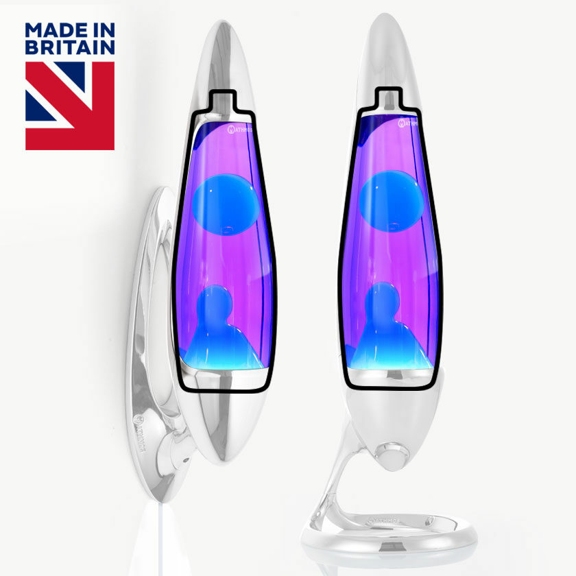 Bouteille de remplacement pour lampe à lave Mathmos Neo avec liquide violet et lave turquoise, pièce de rechange originale sur fond blanc