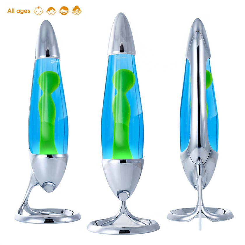 Lampe à lave Mathmos Neo avec corps argenté, liquide bleu et lave verte, vue sous plusieurs angles sur fond blanc