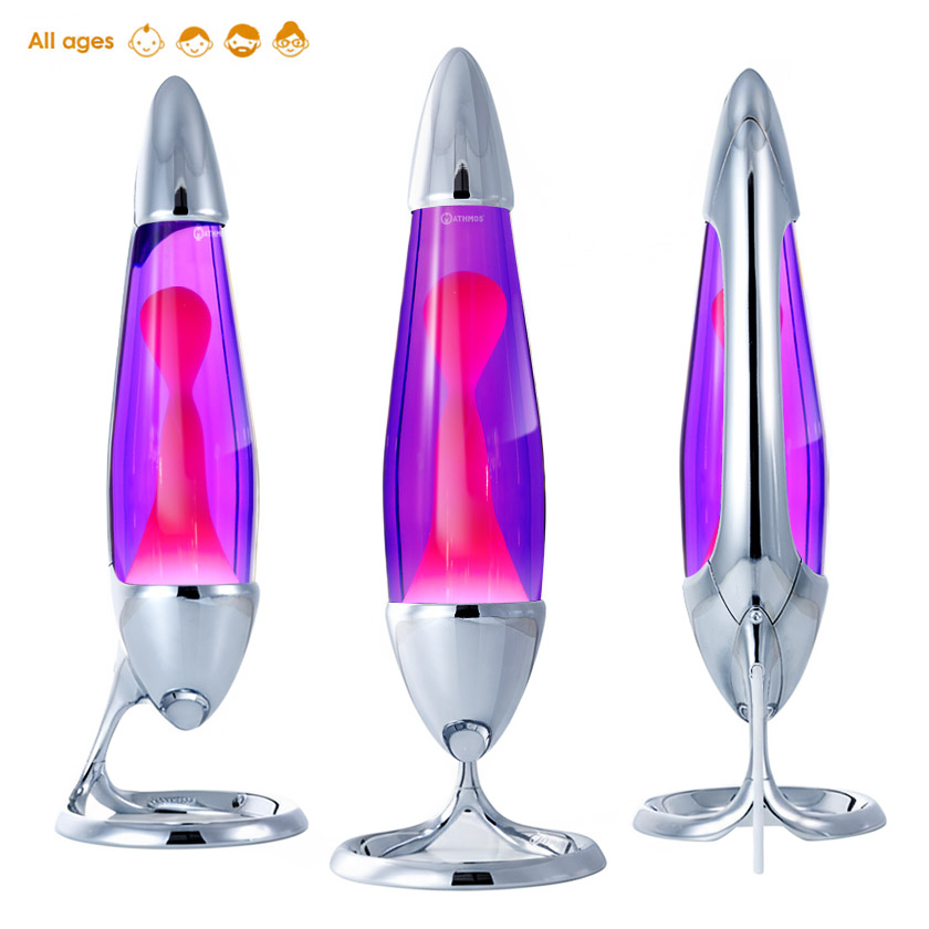 Lampe à lave Mathmos Neo avec corps argenté, liquide violet et lave rose, vue sous plusieurs angles sur fond blanc