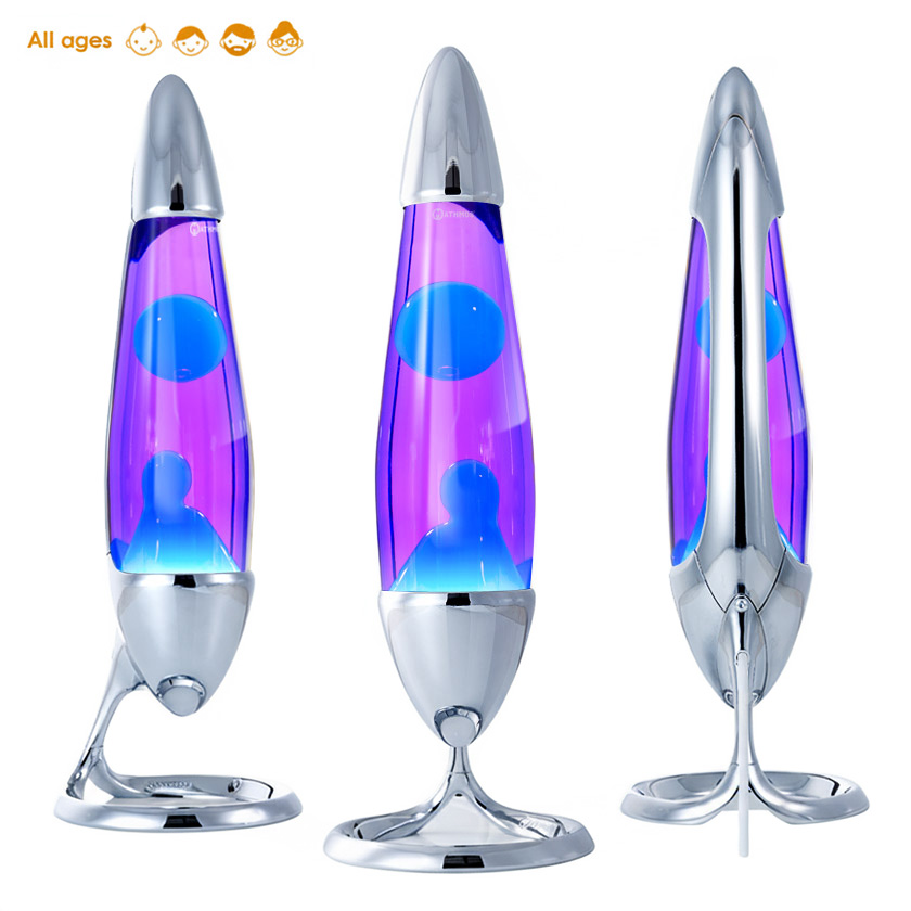 Lampe à lave Mathmos Neo avec corps argenté, liquide violet et lave turquoise, vue sous plusieurs angles sur fond blanc