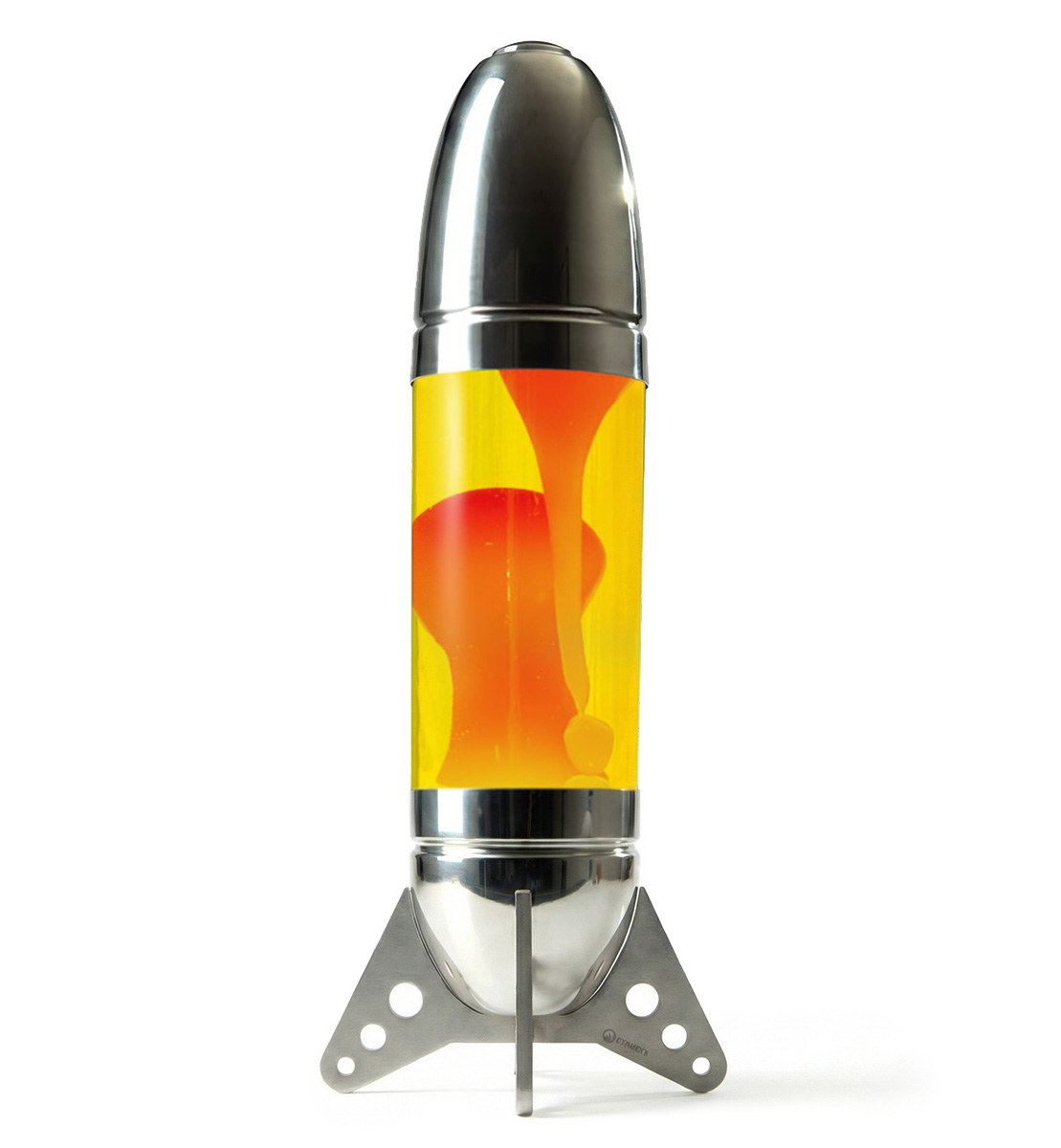 Lampe à lave géante en forme de fusée Mathmos Rokit avec corps poli, liquide jaune et lave orange sur fond blanc